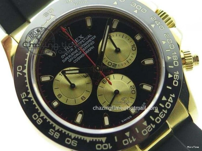 MiroTime 0512 TopPick Daytona YG BP Maker Black Dial Gold Subdial Sticks Markers On Rubber Strap A7750@ 4013